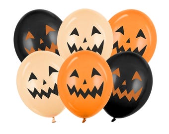 May include: A collection of six Halloween-themed balloons. The balloons are in various colors, including black, orange, and cream. Each balloon features a jack-o'-lantern face with black eyes and a jagged mouth. Perfect for Halloween parties.
