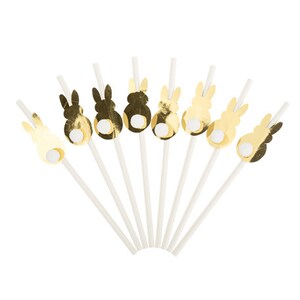 8 Bunny Straws with White and Gold Pompoms, Paper Straws, Paper Straws, Easter Straws, Easter Bunny Straws, Easter Paper Straws, Easter