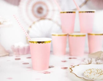 6 Pastel Pink Paper Cups, Pastel Paper Cups, Pink and Gold Edge, Pink Pastel Party Decorations - Bridal Shower - Birthday - Baby Shower Cups