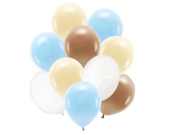 Könnte beinhalten: Ein Bündel Ballons in den Farben Blau, Braun und Creme. Die Ballons sind in einem lockeren Haufen angeordnet, wobei sich einige überlappen.
