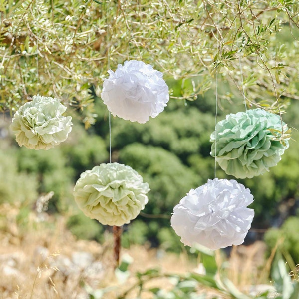 5 Sage and White Pom Poms, Baby Shower Hanging Decorations, Party Wall Decoration, Wedding Decorations, Sage Party Decor, Tissue Pom Poms