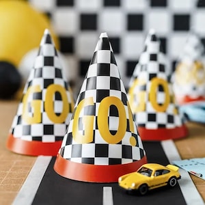 6 Racefeesthoeden, Racewagenfeesthoeden, Racewagenthemafeest, Kinderfeest, Eerste verjaardag, Kinderverjaardag, Decoraties kinderfeest, Kinderfeestje