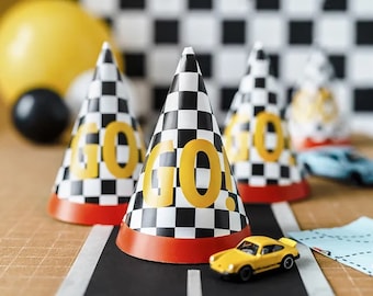 6 Racing Party Hats, Racing Car Party Hats, Racing Car Themed Party, Kids Party, First Birthday, Kids Birthday, Kids Party Decorations