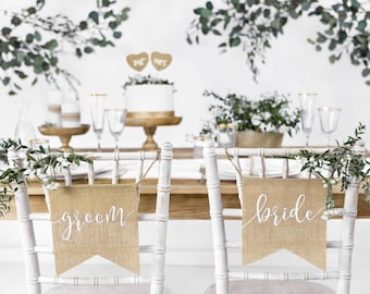 Bride and Groom chair sign - Hessian Bride and Groom chair sign - Hessian Bride & Groom Chair Signs - Bride and Groom Decorations