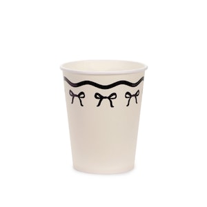 6 Cream/Black Paper Cups with Bows, 220 ml, Paper Cups witch Black Bow, Birthday Paper Cups, Black Bow Party Decorations, Black Bow Birthday