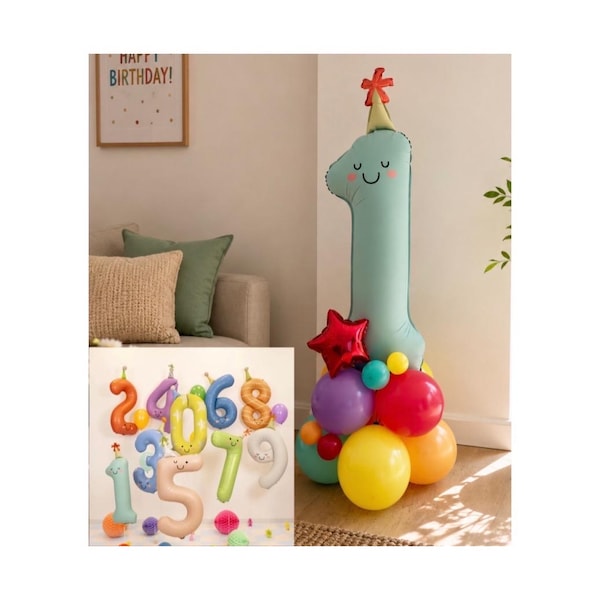 Colourful Number Balloon Sculpture, Birthday Balloon Sculpture, Colourful Number Balloon, Happy Face Balloons