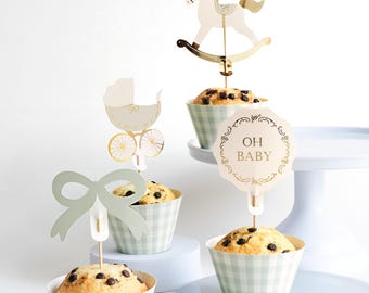 Adorable ensemble de petits gâteaux Oh Baby, décoration de petit gâteau pour baby shower, sur le thème de bébé Oh, décorations cheval à bascule, c'est un gâteau de garçon, vert pastel