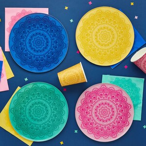 8 Piatti di carta Mandala, Piatti di carta Diwali, Festa delle luci, Celebrazione di Diwali, Cena di Diwali, Stoviglie di Diwali, Piatti di carta