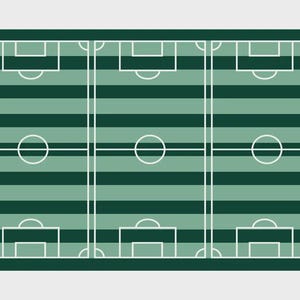 May include: An illustration of six football pitches, each with white lines marking the boundaries, goal areas, and centre circles. The pitches are set against a background of alternating dark and light green horizontal stripes.