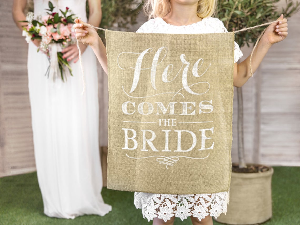 Here comes the bride sign Wedding Aisle Sign Burlap Here image 1
