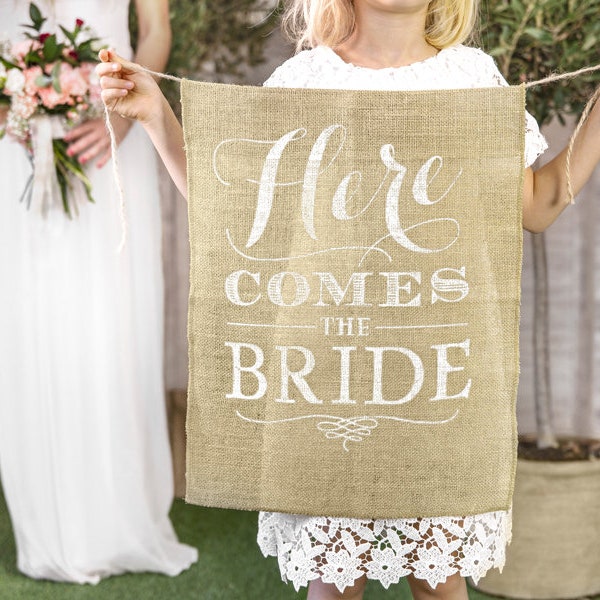 Here comes the bride sign - Wedding Aisle Sign - Burlap Here Comes the Bride Sign - Here comes the bride banner - Hessian Wedding Banner