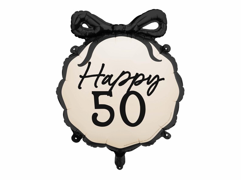K&ouml;nnte beinhalten: Schwarz-wei&szlig;er Ballon mit Schleife oben. Der Ballon hat einen wei&szlig;en Hintergrund mit dem Text "Happy 50" in Schwarz.