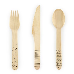 Holzbesteck mit schwarzem Muster - 18er Set - Holzbesteck Schwarz - Holzgeschirr - Holzbesteck - Goldbesteck - Superheld
