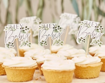 12 Hey Baby Cupcake Toppers, Botanical Baby Shower, Baby Shower Cake Decorations, Gender Neutral Baby Shower, New Arrival Cupcakes, Baby