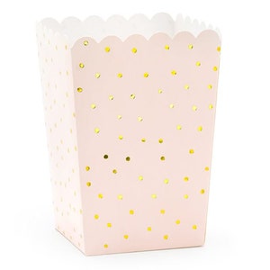 Cajas de palomitas de maíz rosas con lunares blancos y dorados, cajas de palomitas de maíz, cajas de palomitas de maíz rosa pastel, vajilla rosa pastel, rosa