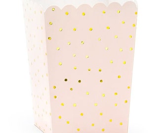 Pink Popcorn Boxes with White and Gold Polka Dots, Popcorn Boxes, Pastel Pink Popcorn Boxes, Pastel Pink Tableware, Pink