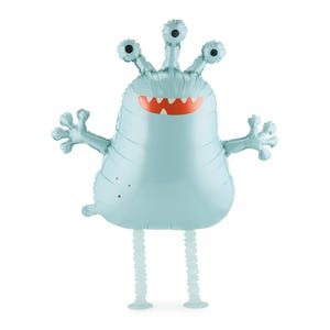 May include: A light blue monster-shaped balloon with three eyes, an orange mouth, and two arms. The balloon has two legs and is designed to stand upright. This festive decoration is perfect for a birthday party or other celebration.
