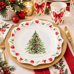 Puede incluir: Un plato de papel blanco con bordes festoneados que presenta un árbol de Navidad verde con adornos rojos en el centro, rodeado por un borde de lazos rojos, adornos verdes y cajas de regalo rojas. El plato descansa sobre un plato base dorado.
