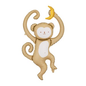May include: A tan-colored monkey-shaped balloon with a white belly and face, holding a yellow banana. The balloon has long arms and legs, and is designed to look like a cartoon monkey. Perfect for a jungle-themed party.