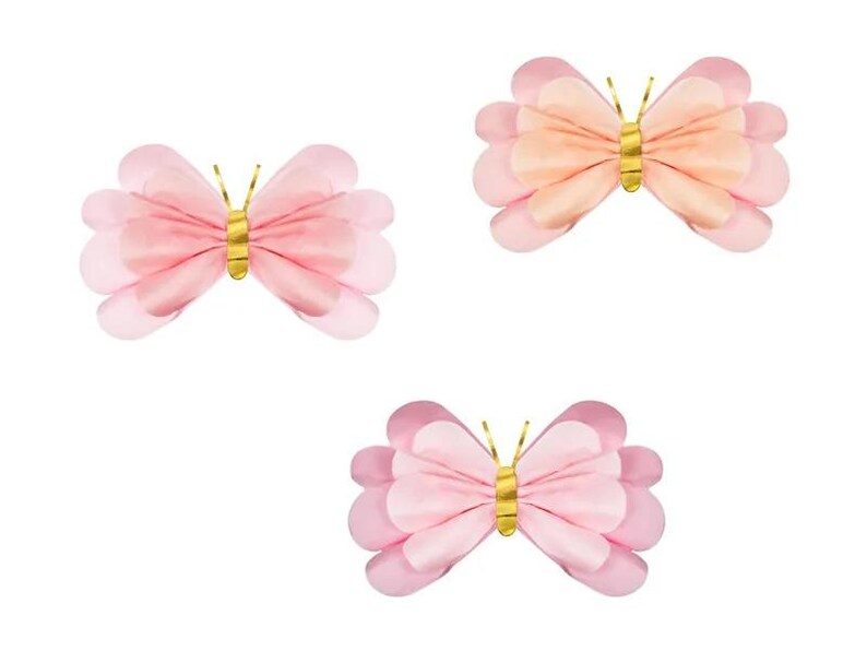 May include: Three paper butterflies with gold accents. The butterflies are pink and peach in color.