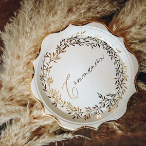 Gouden communie verijdelde papieren borden, wit en goud servies, witte borden, set van 8, witte en gouden feestdecoraties, communie