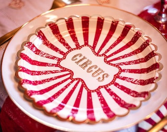 8 Vintage Circus Plates with Gold Foiling, Vintage Circus Plates, Circus Themed Party, Red and White Plates, Funfair Theme, Circus Tableware