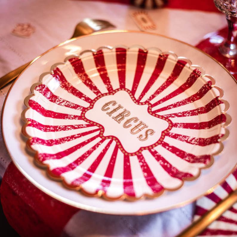 8 Vintage Circus Plates with Gold Foiling Vintage Circus Plates Circus Themed Party Red and White Plates Funfair Theme Circus