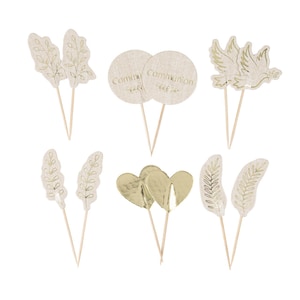 12 Kommunion-Leinen- und Goldeffekt-Food-Picks, 9,5 cm, Kommunion-Kuchendekoration, Kommunion-Cupcake-Topper, Erstkommunion-Leckerlis