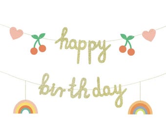 Cute Happy Birthday Banner with Cherries, Rainbow and Hearts, Girls Birthday Banner, Girls Happy Birthday Banner, Teenage Girl Birthday