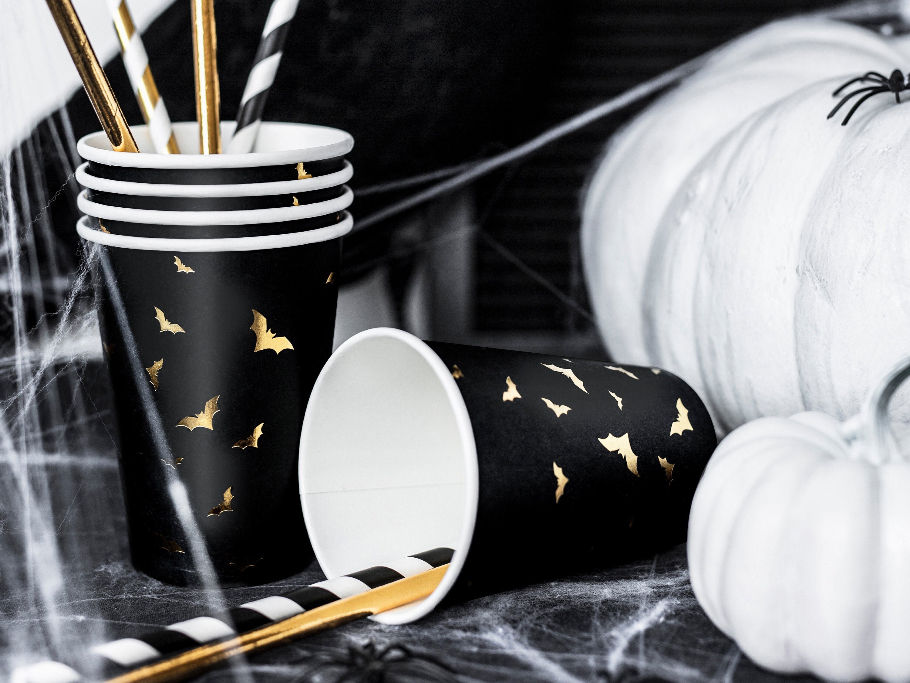 Bats Paper Cups - Pack of 6 - Halloween Paper Cups - Black Paper Cups - Gold and Black Bat Cups - Batman Party - Gold Bats