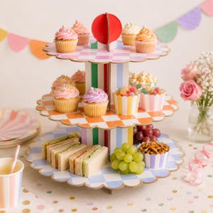Soporte para cupcakes de 3 niveles de colores / Soporte para pasteles de fiesta de colores / Exhibidor de postres para cumpleaños y celebraciones