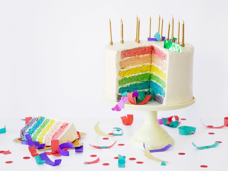 K&ouml;nnte beinhalten: Ein mehrst&ouml;ckiger Regenbogenkuchen mit wei&szlig;em Frosting und goldenen Kerzen auf einem wei&szlig;en Kuchenst&auml;nder. Der Kuchen ist von buntem Konfetti umgeben.
