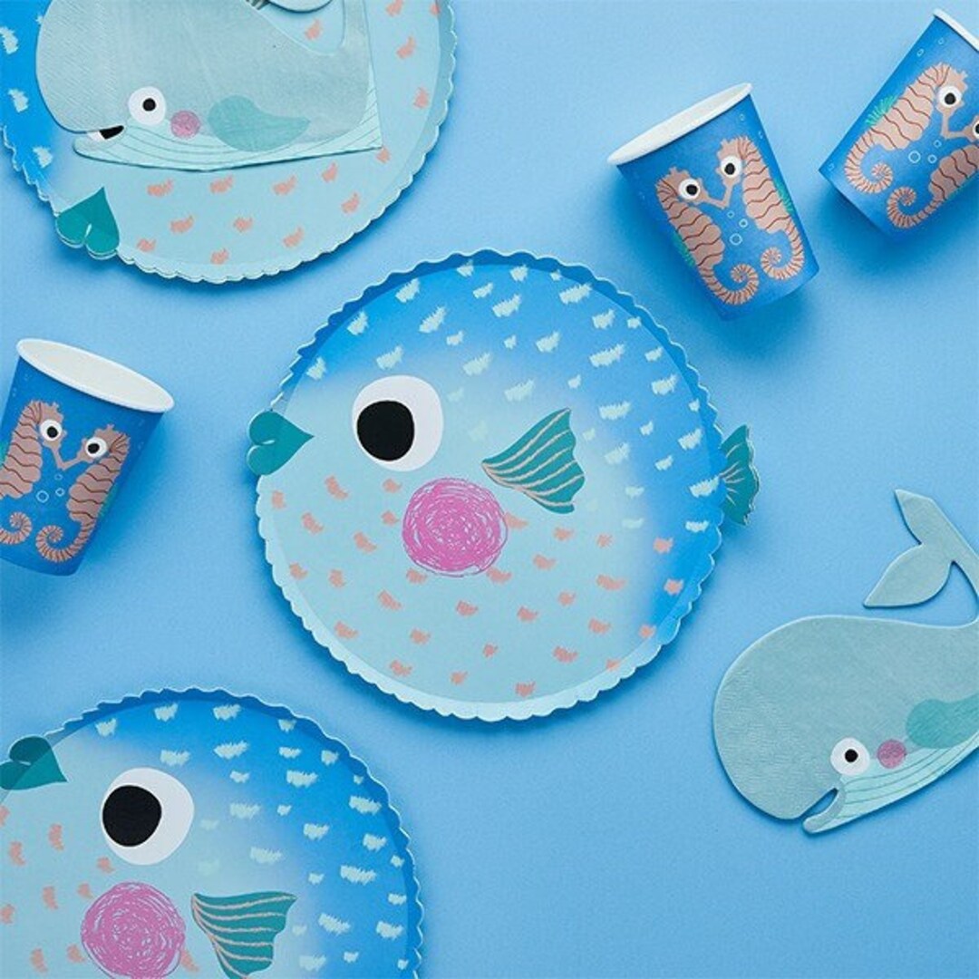 8 Blue Puffer Fish Paper Plate, Fish Tableware, Under the Sea Theme