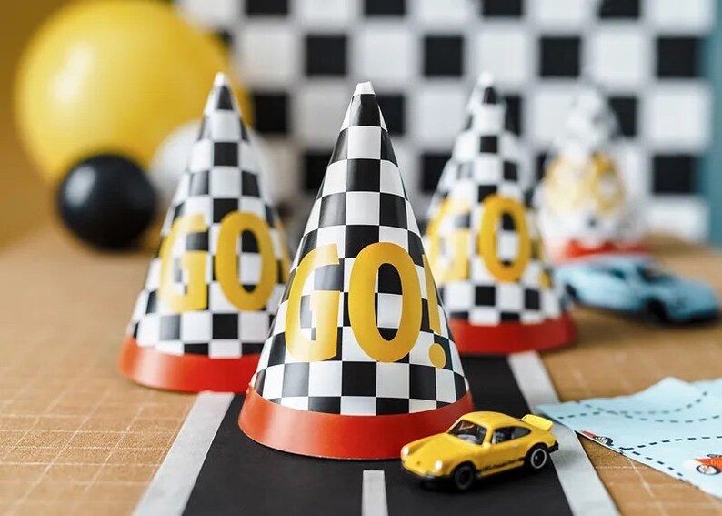 6 Racing Party Hats, Racing Car Party Hats, Racing Car Themed Party, Kids Party, First Birthday, Kids Birthday, Kids Party Decorations image 3