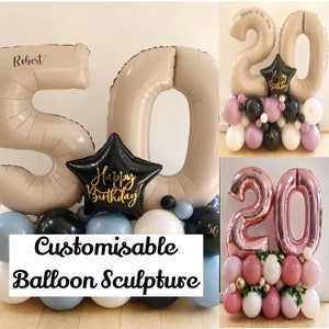 Scultura di palloncini a due cifre personalizzabile, scegli i tuoi colori, scultura di palloncini fai da te, palloncini numerici, palloncino in foil jumbo, 30°, 40°