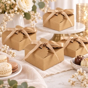 Può includere: Quattro scatole regalo quadrate in carta kraft con bordi smerlati, ciascuna legata con un liscio nastro di raso color champagne. Le scatole sono disposte su una superficie bianca accanto a un piatto di macaron e una ciotola di tartufi.