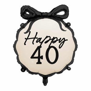 K&ouml;nnte beinhalten: Schwarz-wei&szlig;er Happy 40. Geburtstagsballon mit einer schwarzen Schleife.