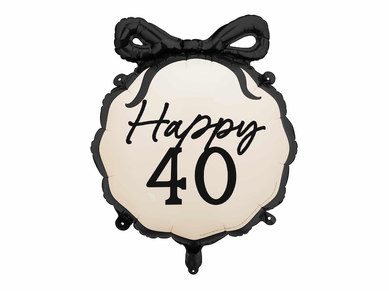 K&ouml;nnte beinhalten: Schwarz-wei&szlig;er Happy 40. Geburtstagsballon mit einer schwarzen Schleife.