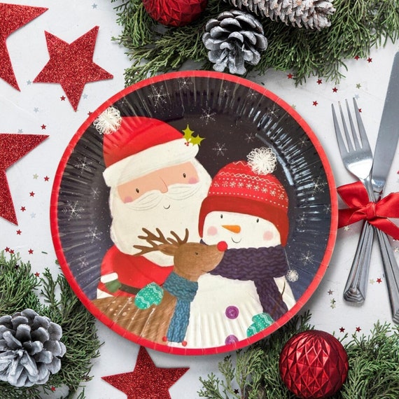 8 Festive Snowman and Santa Christmas Paper Plates, Christmas Paper Plates,  Kids Christmas Plates, Christmas Party Plates, Tableware 