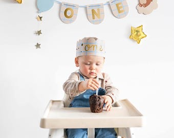 Adorable Bear Banner and Crown, 1st Birthday banner, High Chair Banner, High Chair Decorations, Boy's 1st Birthday High Chair Banner