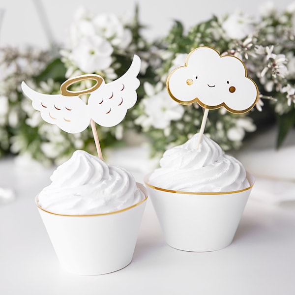 Clouds and Wings Cupcake Toppers - Set of 6 - Cloud Cupcake Topper - Angel Cupcake Toppers - White and Gold Cupcake Topper