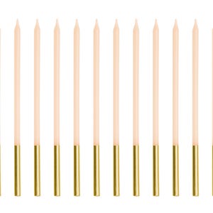 Puede incluir: Un juego de 16 velas de cumpleaños de color rosa claro con detalles dorados. Las velas son largas y delgadas, con una punta puntiaguda.