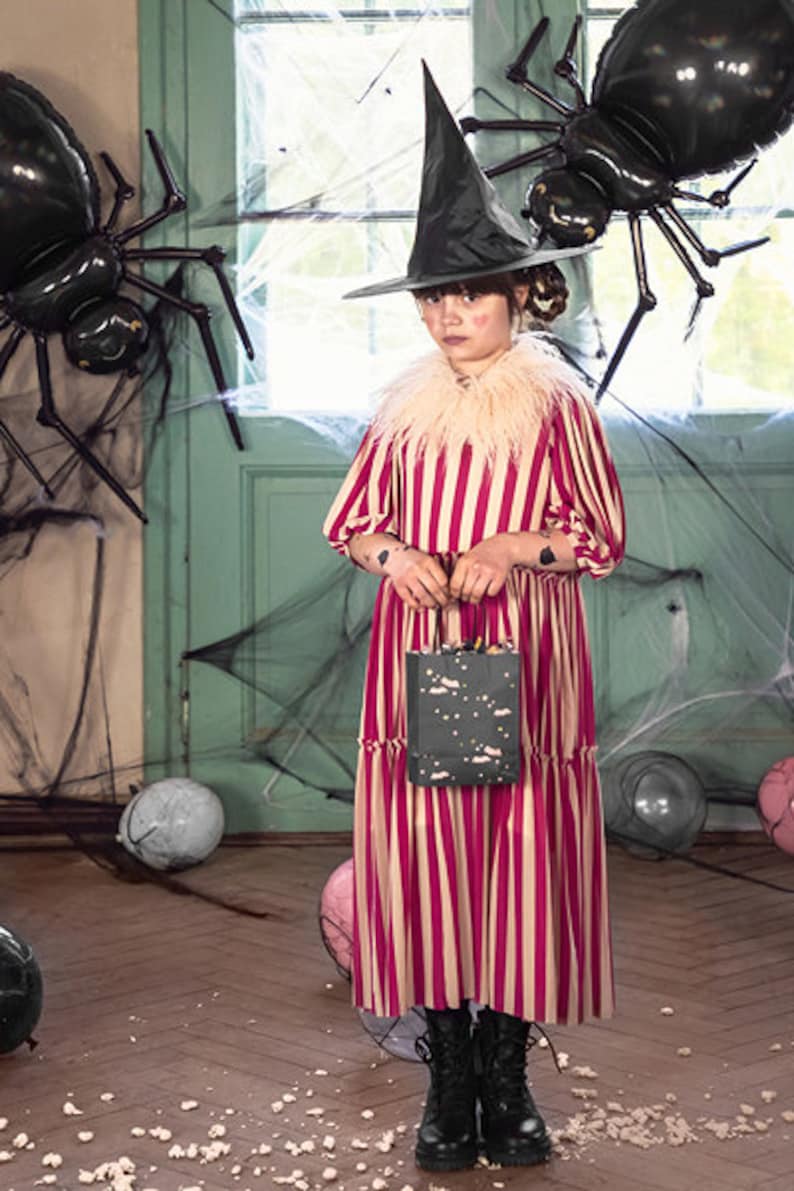 May include: A young person dressed as a witch for Halloween, wearing a black and white striped dress, a black witch hat, and black boots. They are holding a black and white patterned bag. The background features a green door with a spider web and two black spider decorations.