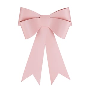 May include: A large, pale pink bow with long, pointed streamers. The bow is symmetrical, with a central knot and layered loops. The background is plain white, highlighting the bow's delicate color and shape. Ideal for gift wrapping or decorations.
