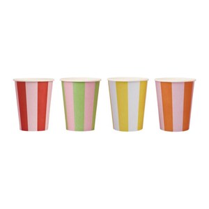 May include: Set of four striped paper cups in pink, red, green, yellow, and white.