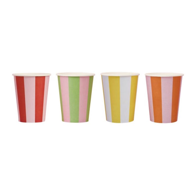 May include: Set of four striped paper cups in pink, red, green, yellow, and white.