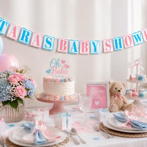 Banner personalizado para baby shower, cualquier nombre, banner azul y rosa para baby shower con lindo vestido y body de bebé, banner personalizado para baby shower