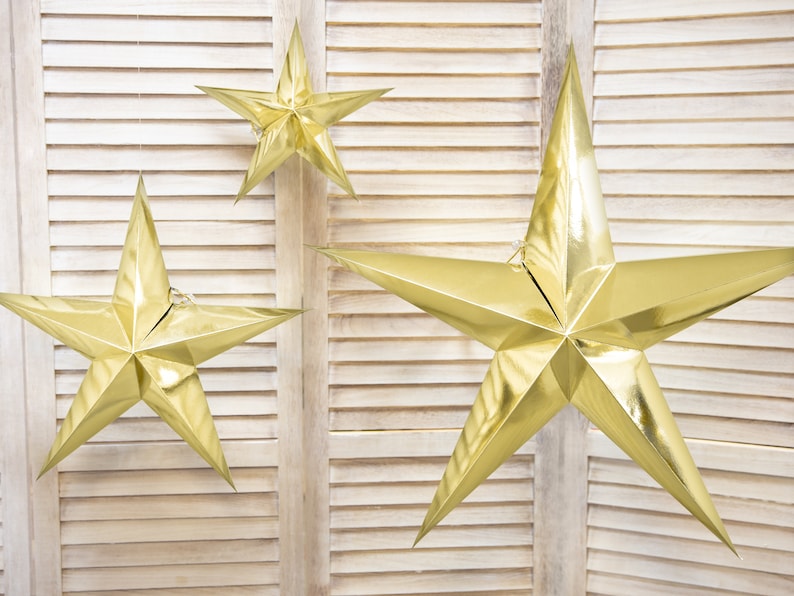Gold Paper Stars, DIY Star Decorations, 3 Different Sizes, Twinkle Twinkle Little Star, Gold Stars, Hanging Decorations, Celebration Deco 
