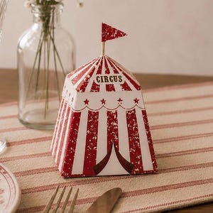 8 kleine Vintage Zirkus Leckerli-Boxen, Zirkuszelt-Boxen, Zirkus-Themenparty, Kirmes-Thema, Zirkusgeschirr, kleine Geschenkboxen, rot und weiß