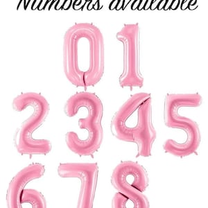 May include: Pink foil number balloons, numbers 0 through 8, for party decorations.